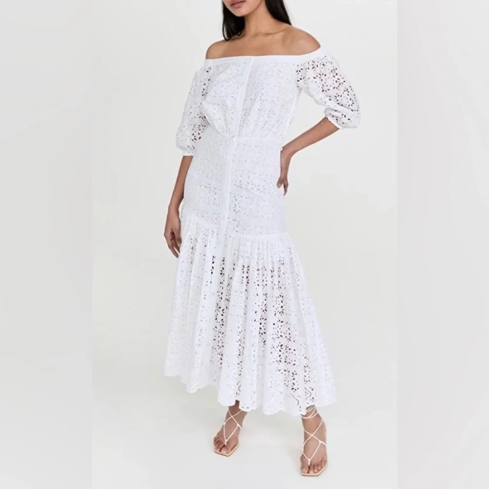 NEW Veronica Beard White Cali Eyelet Off the Shoulder Cotton Maxi Dress, Size 4 - Picture 2 of 11